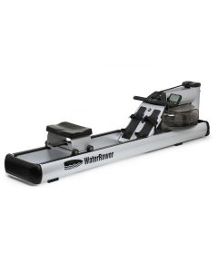 Industrial design WaterRower M1 LoRise features sturdy silver grey aluminium side rails with a large waterrower logo decal on each side.