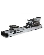 Industrial design WaterRower M1 LoRise features sturdy silver grey aluminium side rails with a large waterrower logo decal on each side.